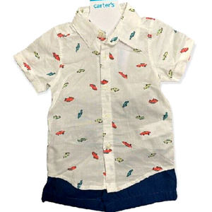 Carter's 12M Baby 2-Piece, Cars Design, Button-Down Shirt & Blue Short Set